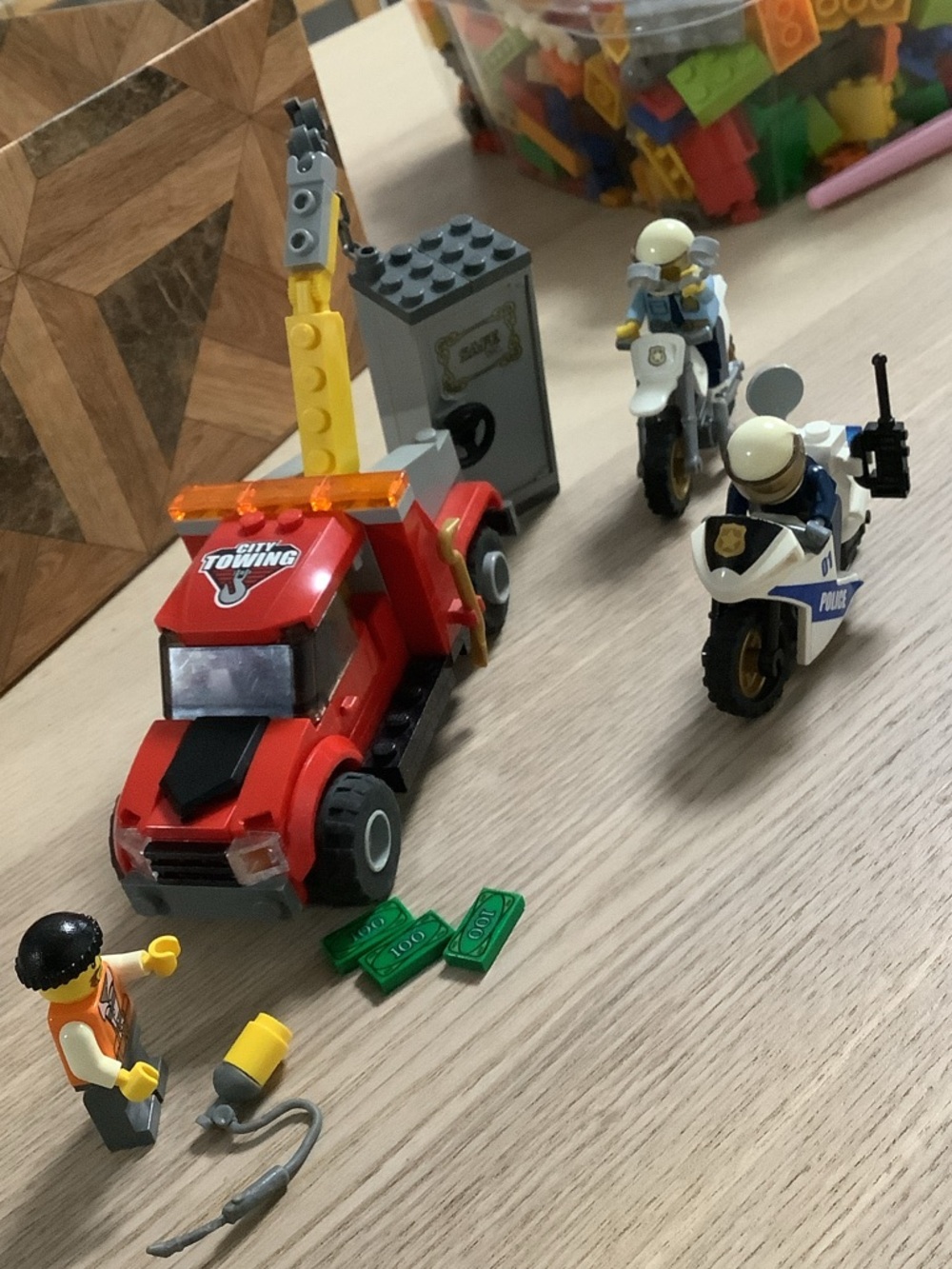 LEGO Red Tow Truck with White Police Motorcycles and Minifigures